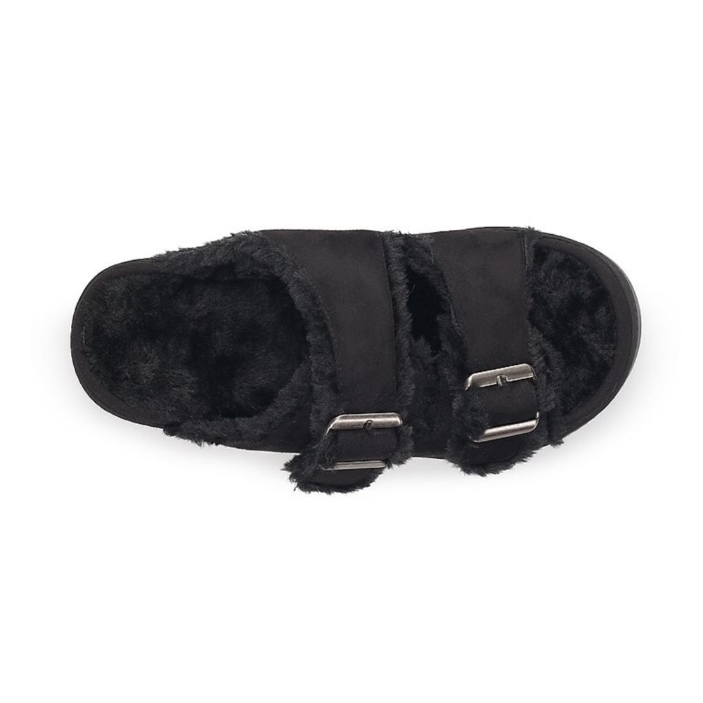 Black Fuzzy Slide Sandals with Buckles